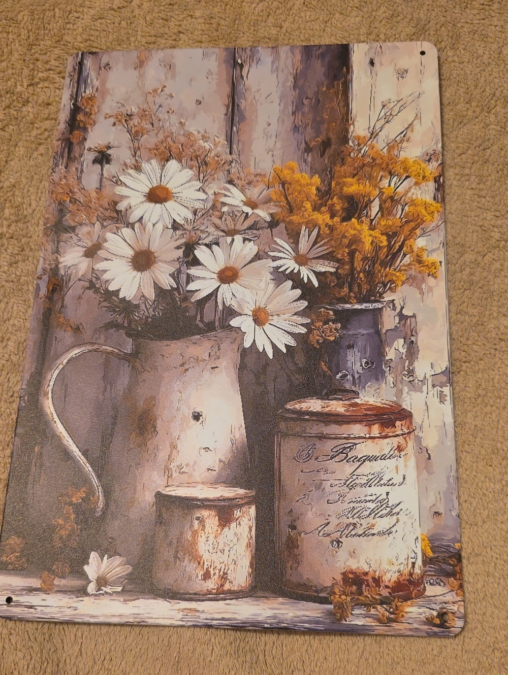 Metal Rustic Daisy Still Life Wall Art - White & Yellow.p Hanger Included